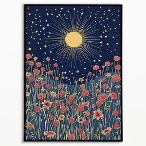 Celestial Floral Art Print – Rosa Wildblumen und goldene Sonne unter dem nächtlichen Sternenhimmel – Cottagecore Botanisches Poster für die Innendekoration
