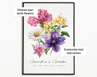 Custom Birth Month Flower Bouquet Print, Personalized Birth Flower Poster, Family Birth Flower Wall Art, Birthday Gift