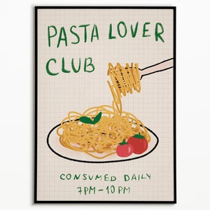 Pasta Lover Club Poster, Pasta Poster, Spaghetti Print, Pasta Poster Kitchen Art, Pasta Illustration, Food Drawing, Kitchen Poster