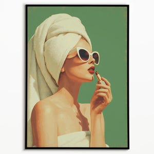 Mid Century Modern Woman with Lipstick Print: Retro Glam Vanity Decor