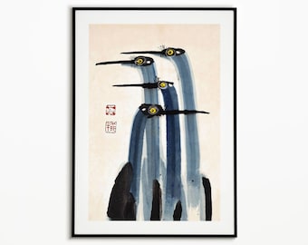 Antique Crane Watercolor Print: Japanese Farmhouse Art