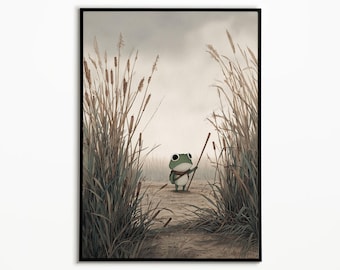 Frog Traveler Print, Moody Cottagecore Animal Art, Quirky Wall Decor