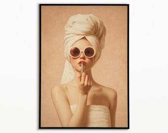 Retro Glam Woman Art Print: Vintage Hollywood Bathroom Decor