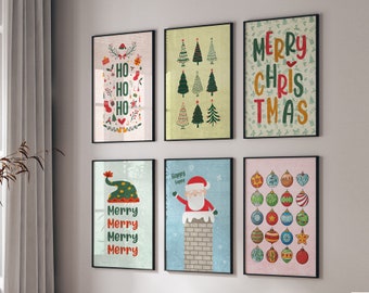 Può includere: Sei stampe incorniciate a tema natalizio con vari design. Le stampe presentano illustrazioni di alberi di Natale, ornamenti, Babbo Natale e testo come "Buon Natale" e "Ho Ho Ho".