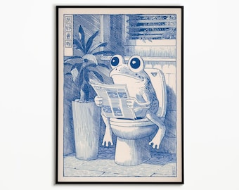 Impresión de inodoro con rana japonesa, arte de baño estilo Hasui Kawase