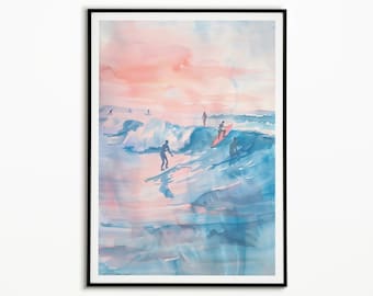 Vintage Pink Surf Poster: Coastal Beach Wall Art Print