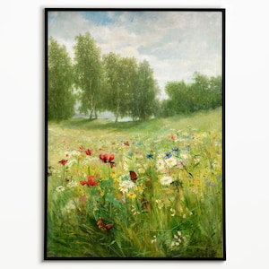 Vintage Flower Field Landscape Oil Painting - 19th Century Art Print