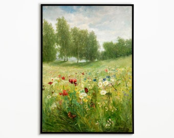 Vintage blomfältlandskap oljemålning - konsttryck från 1800-talet
