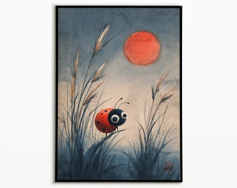 May include: A framed art print depicting a cartoon ladybug with big eyes, resting on a blade of grass. The ladybug is red with black spots. The background shows tall grass and a red sun against a blue and beige sky.
