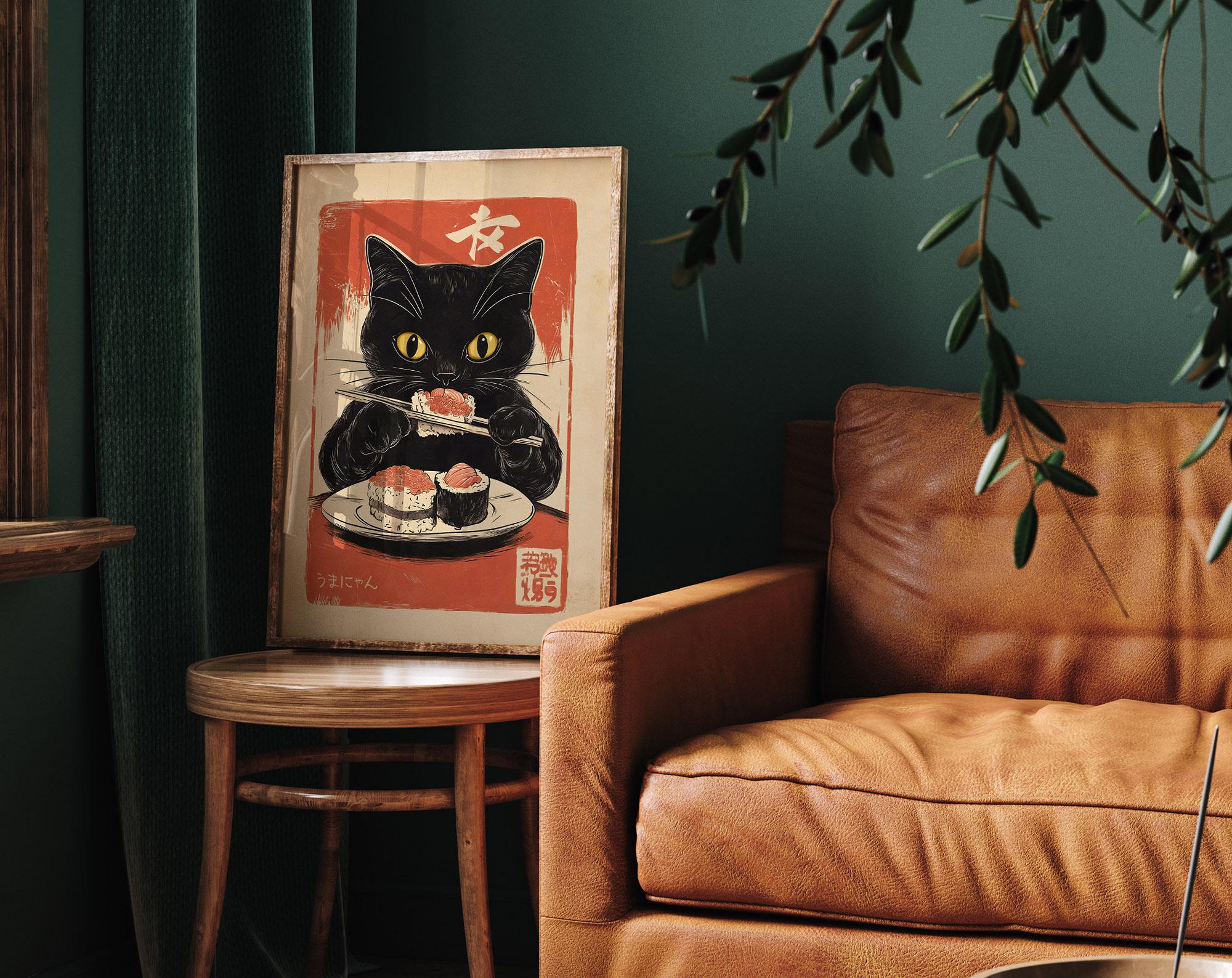 Retro Japanese Cat Sushi Poster: Kawaii Anime Kitchen Art - Etsy