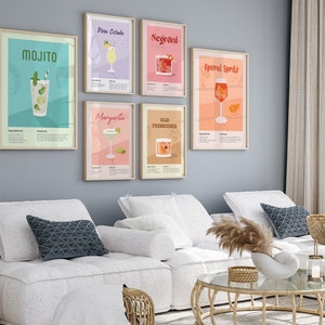 Póster de cóctel, juego de 9, arte de pared, decoración de pared, cóctel, bebida, vintage, póster, cocina, descarga digital, descarga instantánea, impresión de barra