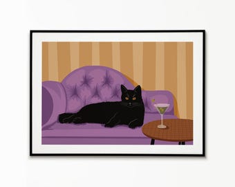 Black Cat Martini Art Print: Quirky Bar Cart Decor