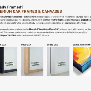 May include: A comparison of different framing options for posters and canvases. The options include black oak, wood oak, white oak, and slim and thick canvas. Each frame features the text "Scandi Poster Shop".