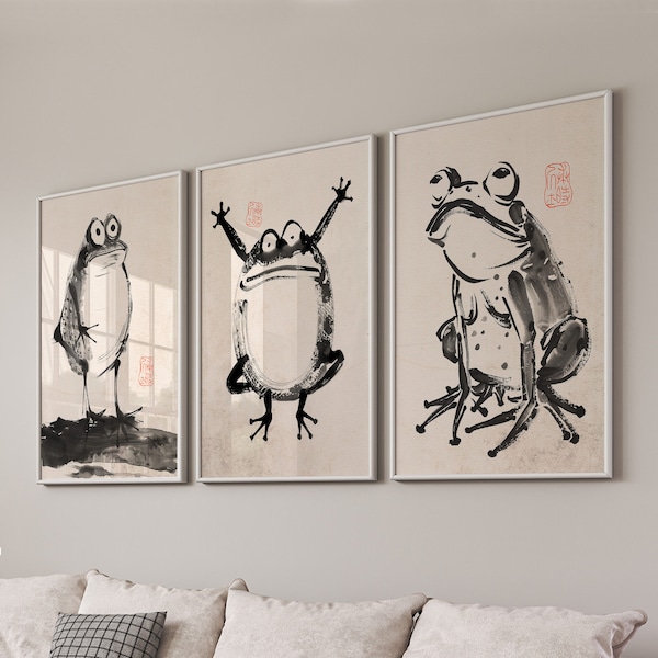 Vintage Frog Woodblock Print Set: Ukiyo-e Japanese Wall Art