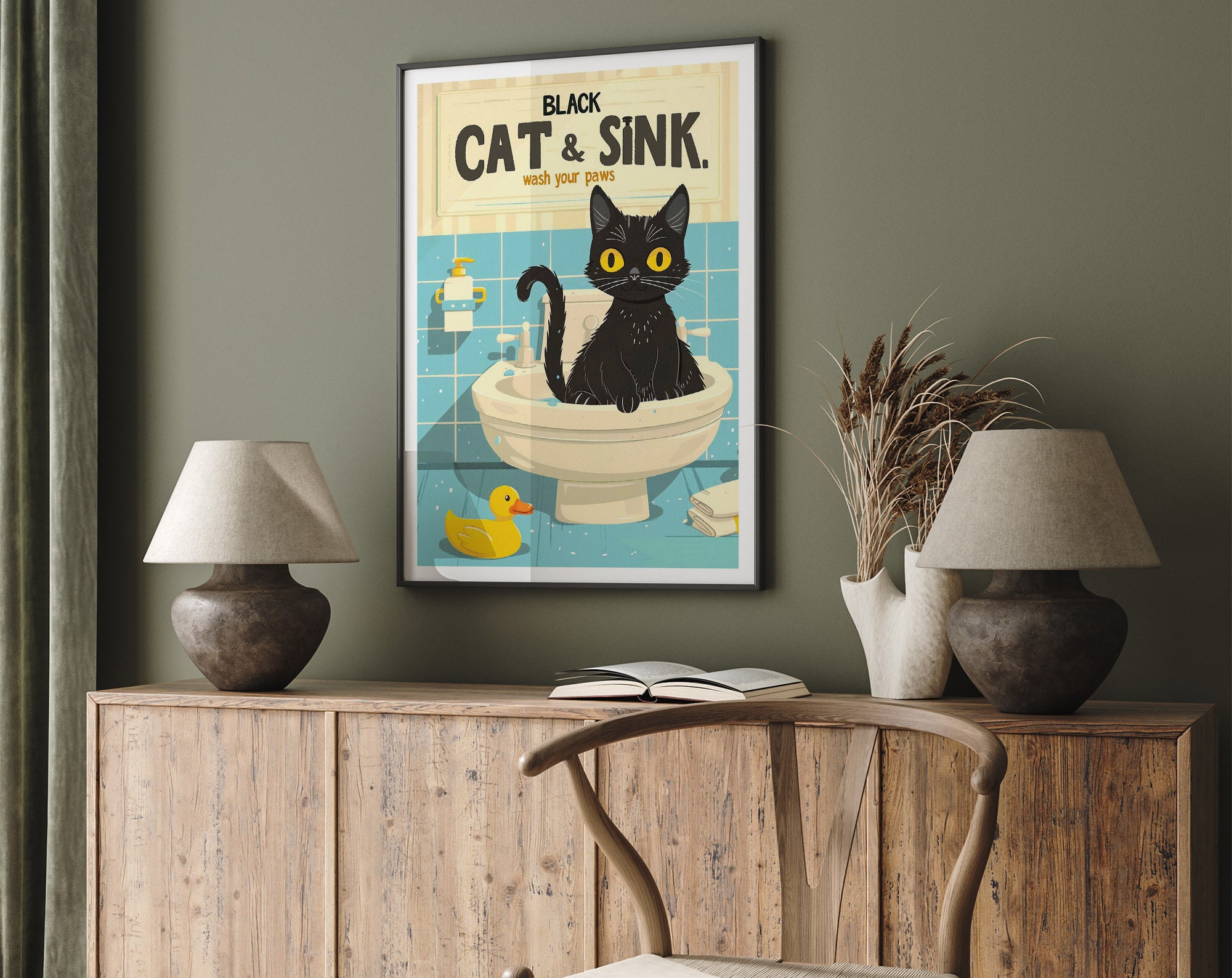 Black Cat Sink Poster: Vintage Bathroom Decor Art Print - Etsy