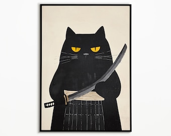 Pôster Gato Samurai: Impressão de Arte de Guerreiro Japonês