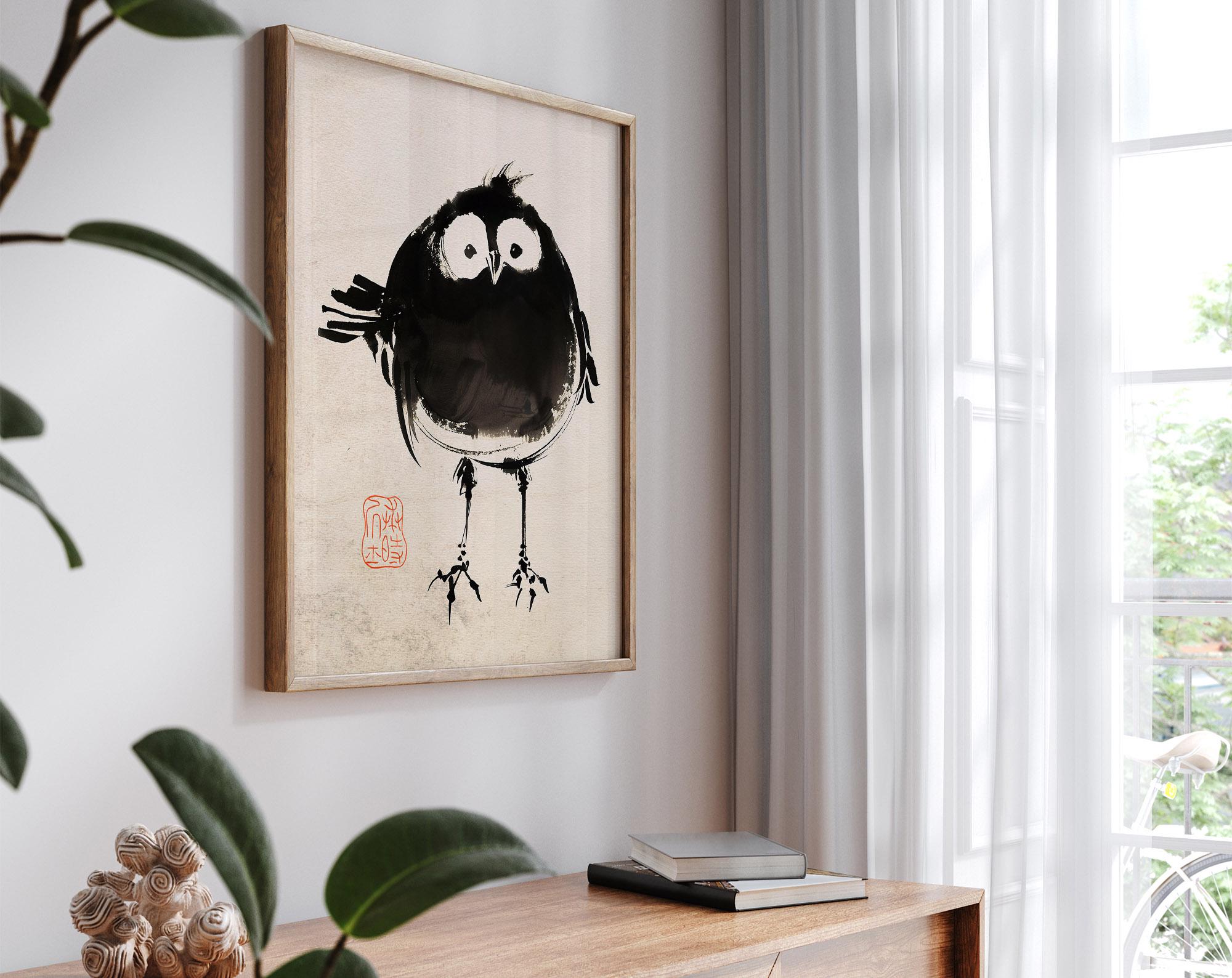 日本の水墨画風鳥ポスター、ミニマルな動物の壁アート、かわいい筆絵