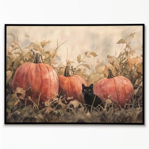 Schwarze Katze mit Kürbissen Poster, Halloween Kunst, Herbst Dekoration, Herbst Wandkunst