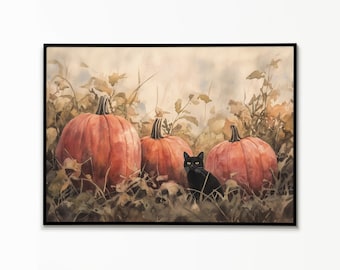 Black Cat Halloween Art Print: Pumpkins, Fall Decor