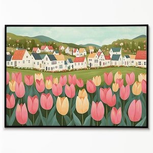Spring Village Decor,  Spring Wall Art, Nature Mountain Landscape Painting, Cute Spring Wall Art, Spring Village Art, Tulip Spring Town
