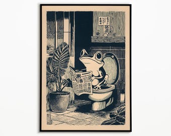 Impresión de baño con una rana japonesa leyendo el periódico, arte mural estilo Hasui Kawase