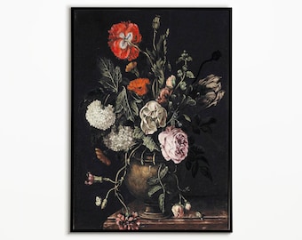 Dark Floral Wall Art: Vintage Botanical Flower Poster