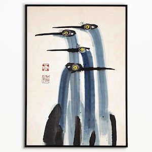 Impresión de acuarela de grulla antigua, arte japonés, decoración de pared de granja, pintura vintage, arte elegante
