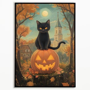 Schwarze Katze mit Kürbisse Poster, Halloween Kunst, Herbst Dekor, Herbst Dekor, Süß