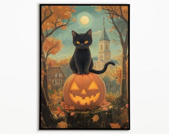 Black Cat Halloween Art Print: Pumpkin Fall Decor