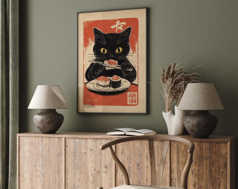 Retro Japanese Cat Sushi Poster: Kawaii Anime Kitchen Art - Etsy