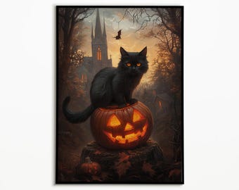 Black Cat Halloween Art Print: Pumpkin Fall Decor