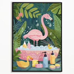 Flamingo In Bathtub Poster, Botanical Bathroom, Flamingo Print, Animal Bathroom Art, Bathroom Prints, Bathroom Wall Art