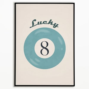 Lucky 8 Ball Print, Estetyczny wydruk, Modny plakat, Sztuka ścienna, Dekoracja ścienna, Sztuka ścienna retro, Plakat z wózkiem barowym, Plakat retro z lat 70.