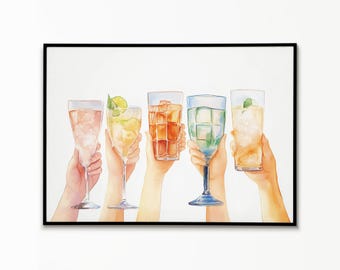 Cheers Bar Cart Print: Colorful Cocktails Kitchen Art