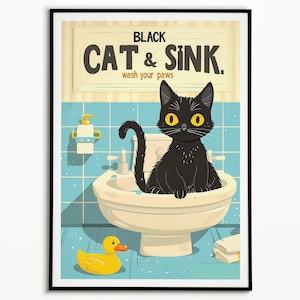 Black Cat Sink Poster: Vintage Bathroom Decor Art Print