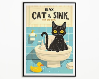 Póster de lavabo de gato negro: Impresión artística vintage para decoración de baño