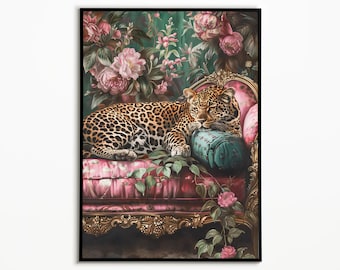 Leopard Lounging on Sofa Art Print: Maximalist Wall Decor