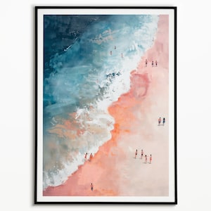 Orange Strand, kleine Leute im Meer schwimmen, Sommer Poster, Strandhaus Dekor, minimalistische druckbare Kunst