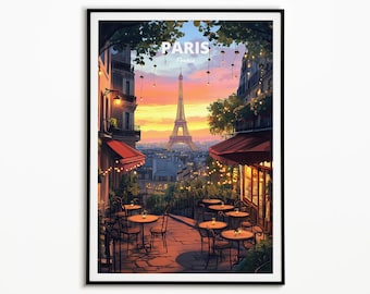 Eiffel Tower Paris Travel Poster: Sunset Cafe Art Print