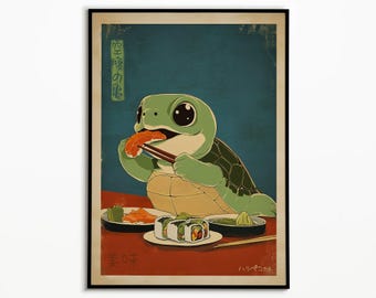 Sushi Turtle Poster: Japanese Retro Kawaii Kitchen Art