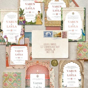 May include: A collection of wedding invitation cards featuring intricate Mughal-inspired architectural arches, floral patterns, and illustrations of figures, alongside a cream-colored envelope addressed to Leela & Samuel in London with postage stamps.