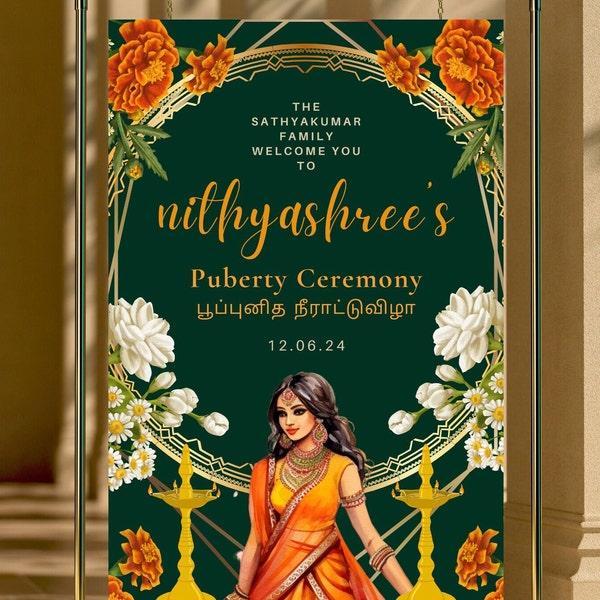 Half-Saree Ceremony Willkommensschild | Pubertätszeremonie Willkommensschild | Sofortiger Download bearbeitbare digitale Vorlage | 60 x 90 cm