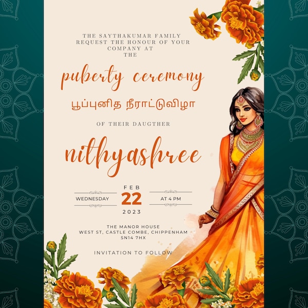 Einladung zur Pubertätszeremonie | Halb-Saree-Zeremonie-Einladung | Sofortiger Download Bearbeitbare Digitale Vorlage | E-vite und druckbare Einladung