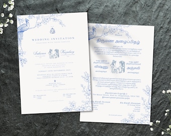 Puede incluir: Una invitación de boda con diseños florales azules y pavos reales. La invitación incluye los nombres "Srikaran" y "Kajaluzy" y el texto "WEDDING INVITATION TOGETHER WITH THEIR FAMILIES". La invitación también incluye la fecha "SUNDAY 18TH NOVEMBER 2023" y la ubicación "WEDDING HALL LONDON PARK LANSDOWNE LONDON UK".