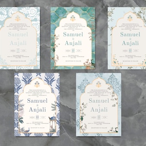 Pastelblauwe Indiase uitnodiging bruiloftssjablonen | Bundel met 6 blauwe luxe minimalistische elegante uitnodigingskaarten | Instantcanva-sjabloon