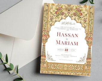 Plantilla de invitación de boda Mughal Nikkah / Diseño islámico (descarga de Canva)