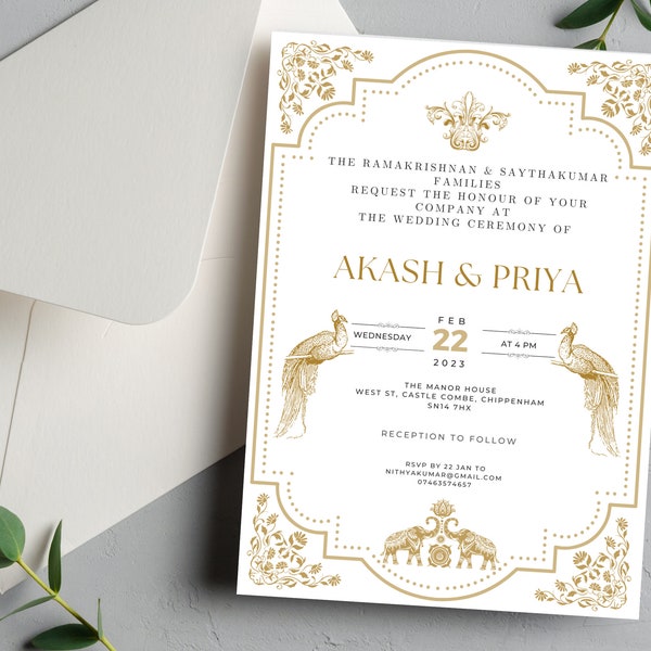 Elegante invitación de boda india de oro moderno / Descarga instantánea / Blanco y oro / Boda india real / E-vite y plantilla imprimible