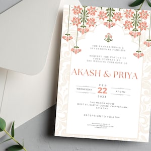 Convite de casamento indiano floral moderno e elegante | Download instantâneo | Casamento indiano Mughal | Convite por telefone eletrônico e modelo para impressão