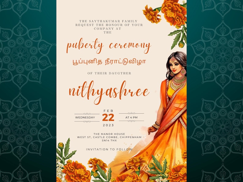 Puberty Ceremony Invitation | Half-Saree Ceremony Invitation | Instant Download Editable Digital Template | E-vite and Printable Invitation image 1