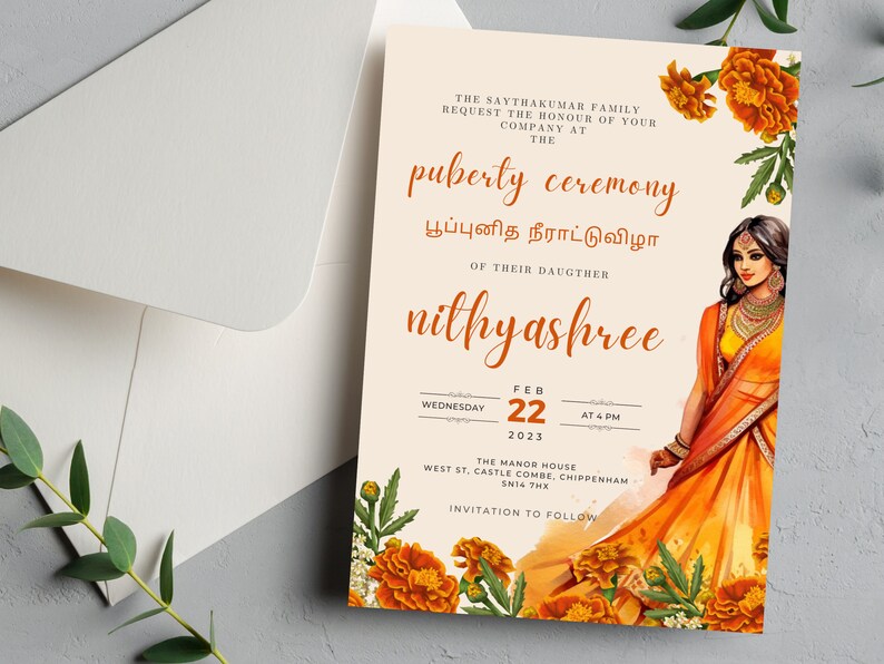 May include: An invitation to a puberty ceremony for Nithyashree. The invitation features a watercolor illustration of a woman in a traditional Indian outfit, surrounded by orange marigold flowers. The ceremony will be held on Wednesday, February 22, 2023 at 4 PM at The Manor House, West St, Castle Combe, Chippenham SN14 7HX.